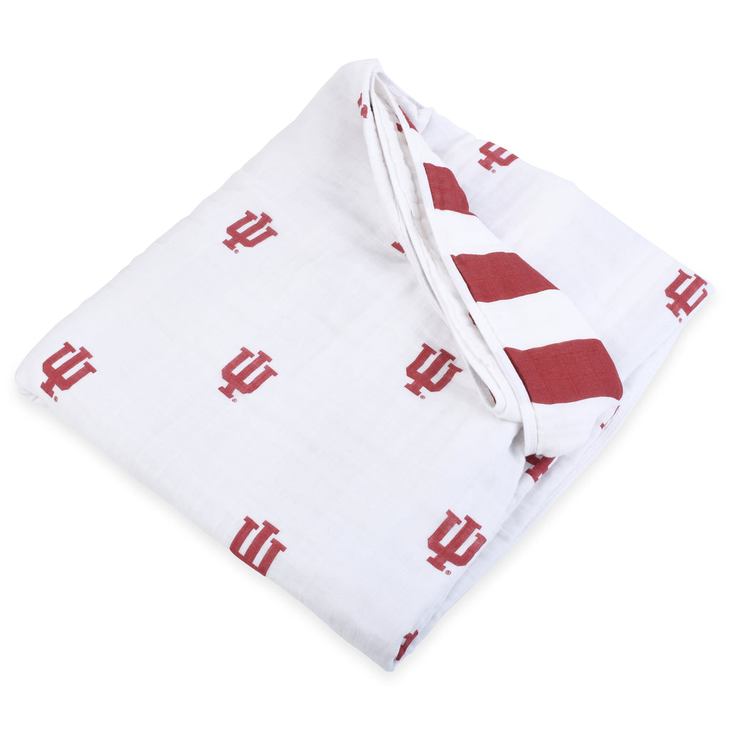 Indiana University Family Muslin Blanket measuring 60x72 inches, featuring Hoosiers logo, displayed folded to show soft, breathable muslin cotton fabric and red-and-white team design.