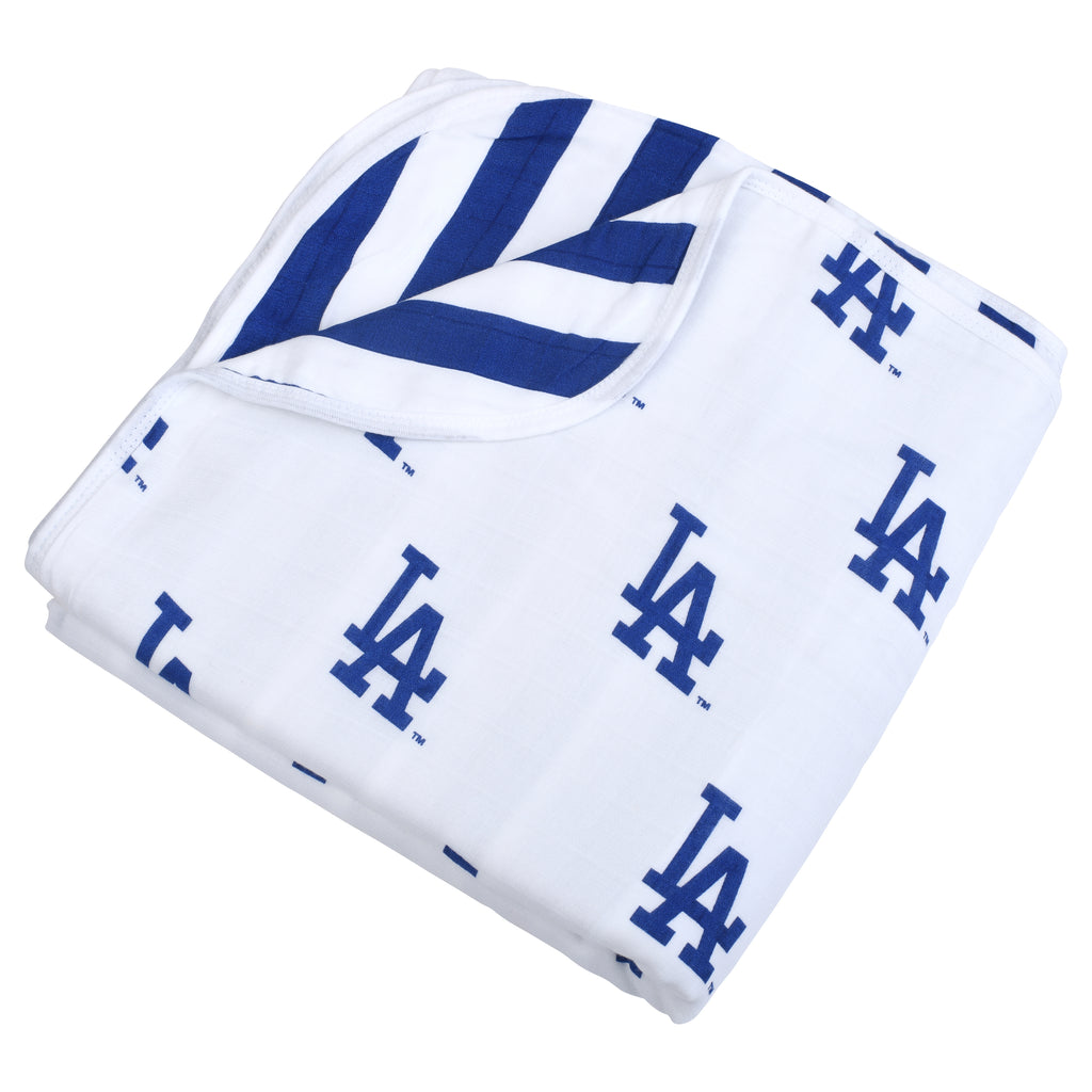 LA Dodgers four-layer muslin toddler blanket featuring blue Dodgers logo pattern, large 47x47 lightweight cotton blanket displayed to show texture and design.