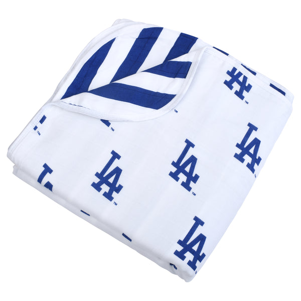 LA Dodgers four-layer muslin toddler blanket featuring blue Dodgers logo pattern, large 47x47 lightweight cotton blanket displayed to show texture and design.