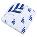 LA Dodgers four-layer muslin toddler blanket featuring blue Dodgers logo pattern, large 47x47 lightweight cotton blanket displayed to show texture and design.