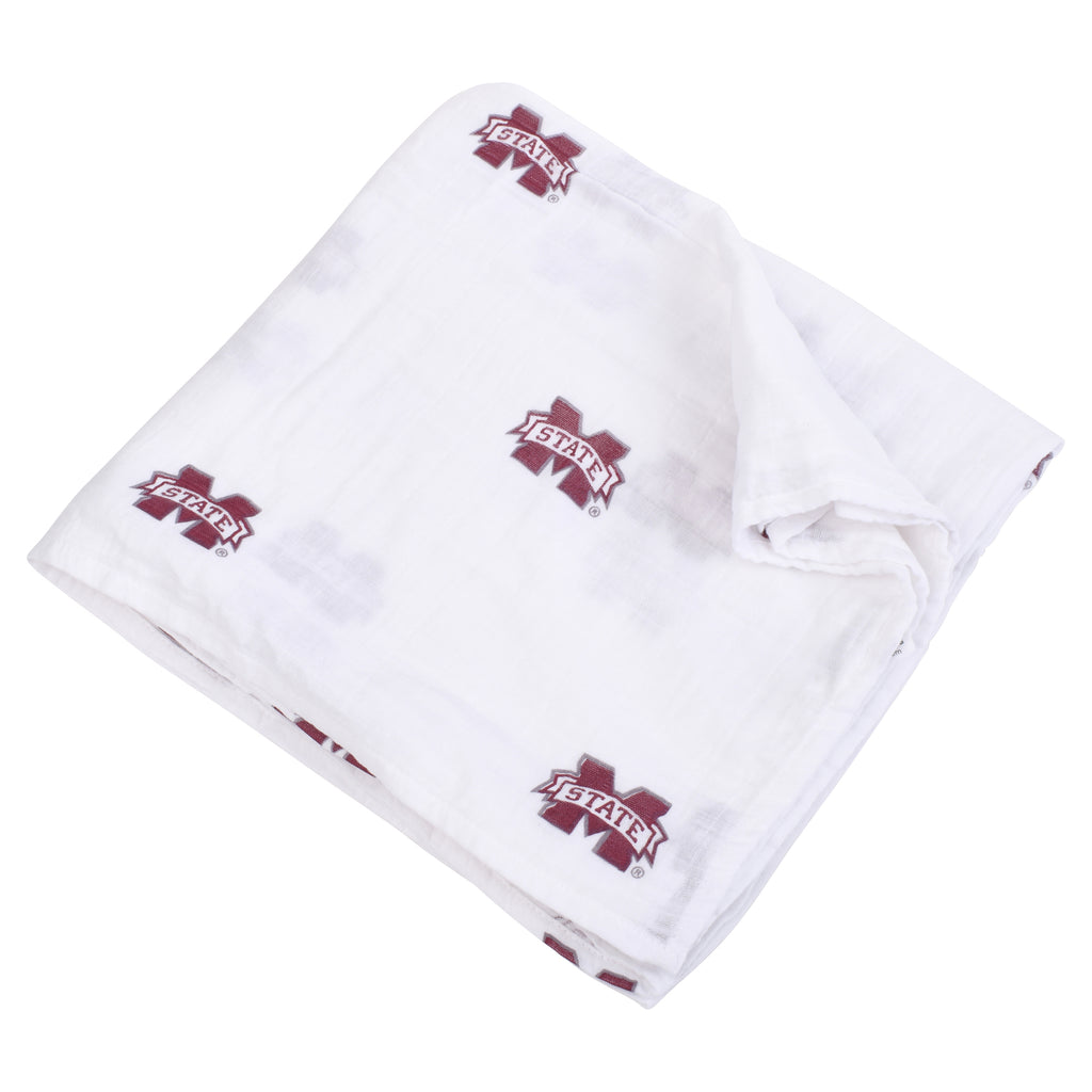 Mississippi State University muslin swaddle blanket featuring the Bulldogs logo, shown folded to highlight its soft, breathable muslin fabric and collegiate design.