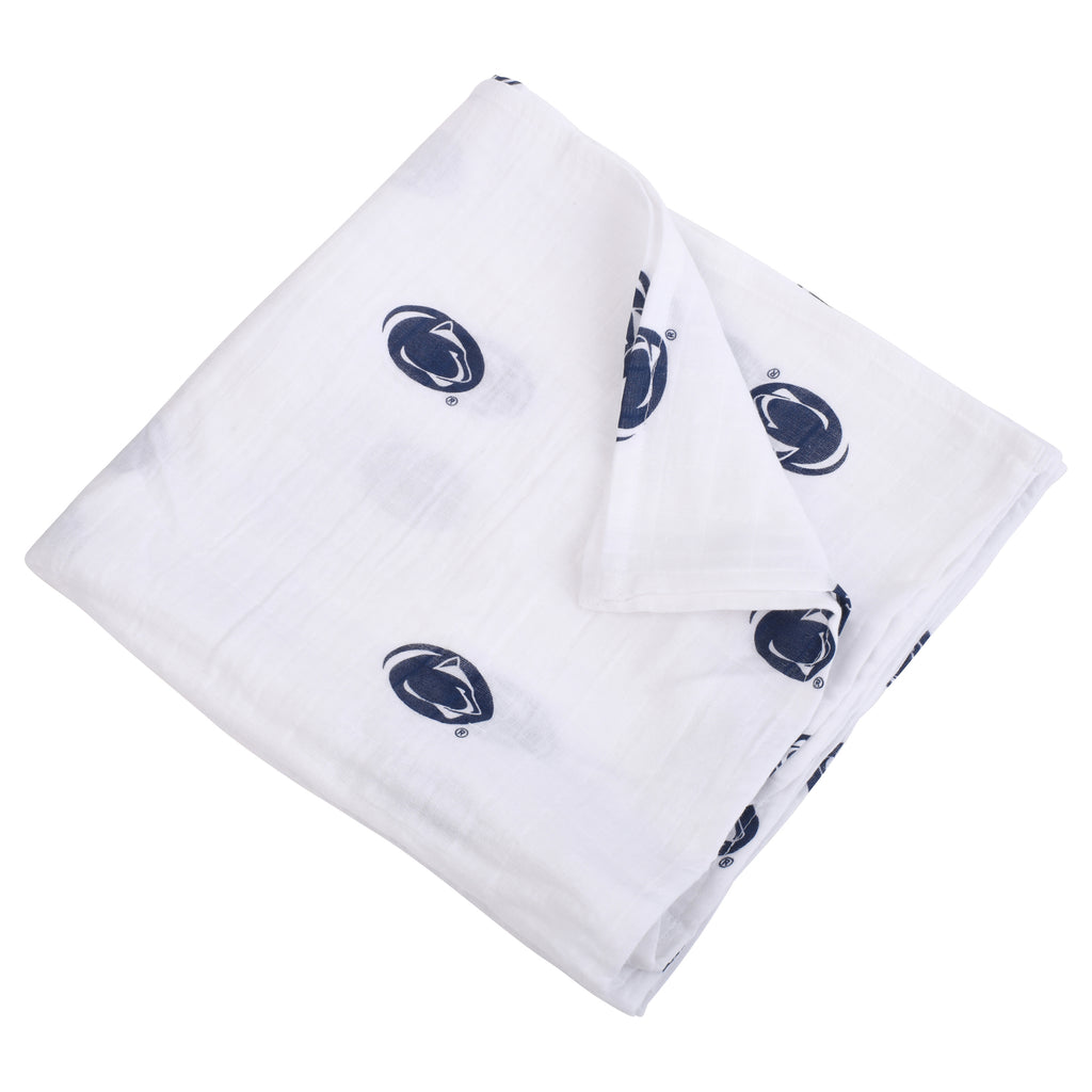 Penn State University muslin swaddle blanket featuring Nittany Lions logo, displayed folded to highlight its soft, breathable muslin fabric and modern collegiate design