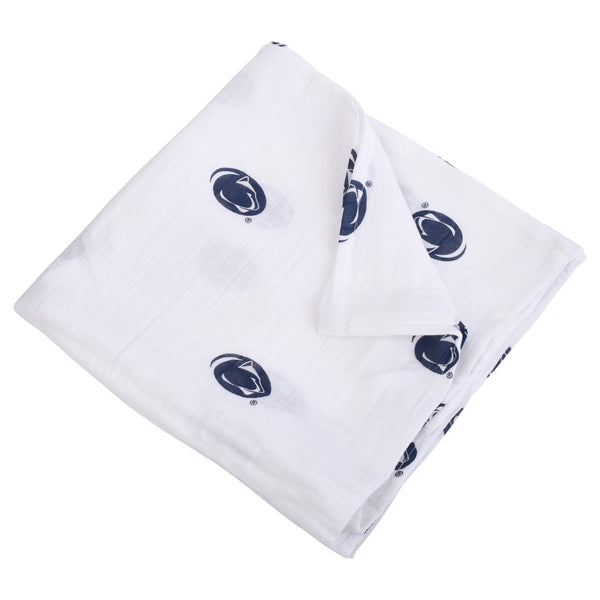 Penn State University muslin swaddle blanket featuring Nittany Lions logo, displayed folded to highlight its soft, breathable muslin fabric and modern collegiate design