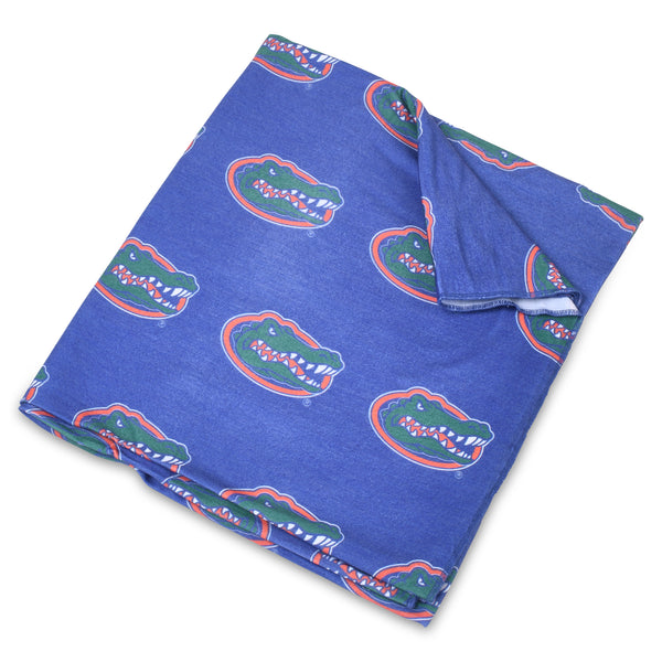 University of Florida knit swaddle blanket featuring Gators logo in a soft, stretchy knit fabric, displayed folded to highlight its collegiate design and cozy texture.