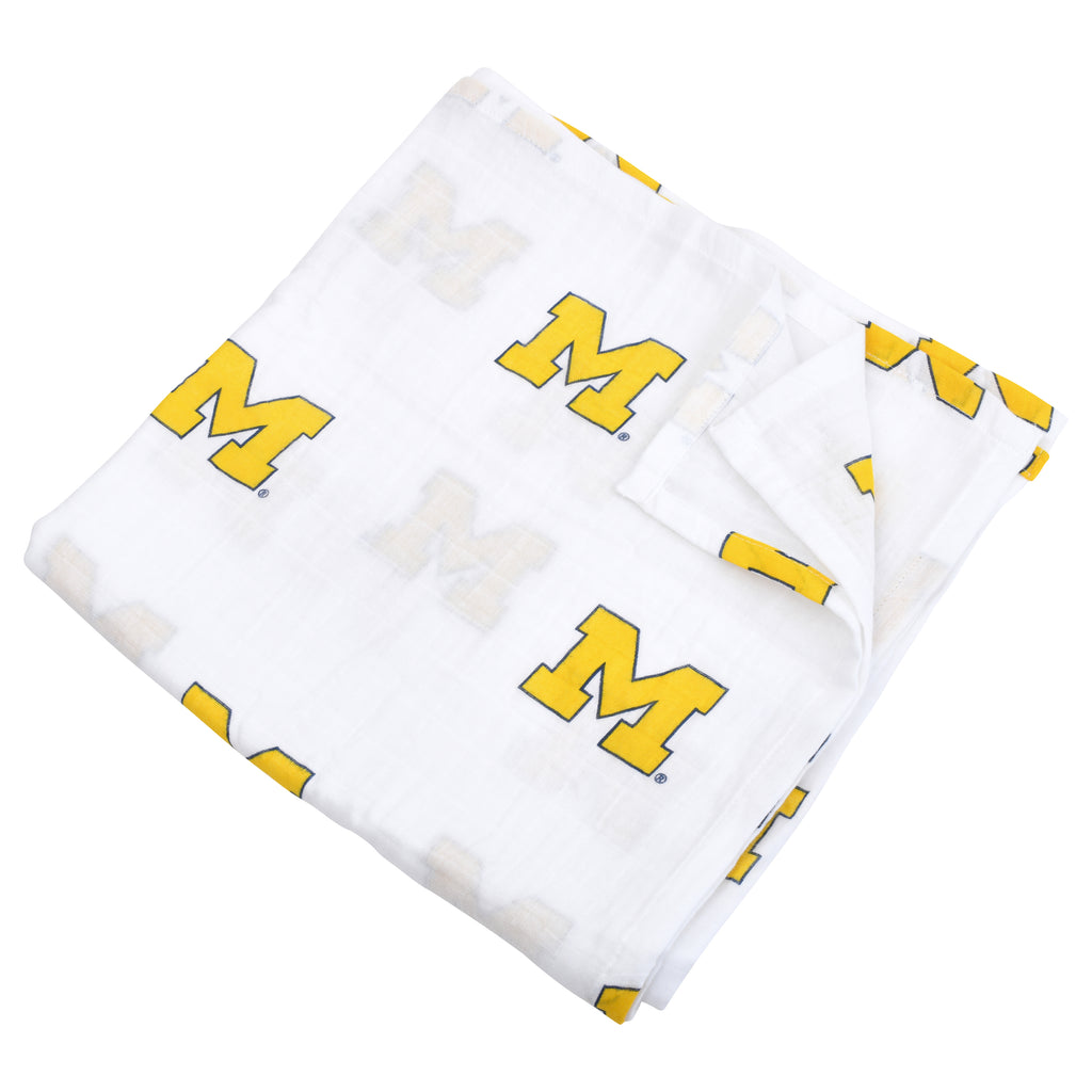 University of Michigan infant swaddle blanket, soft cotton muslin, maize and blue colors, officially licensed Wolverines baby gear.