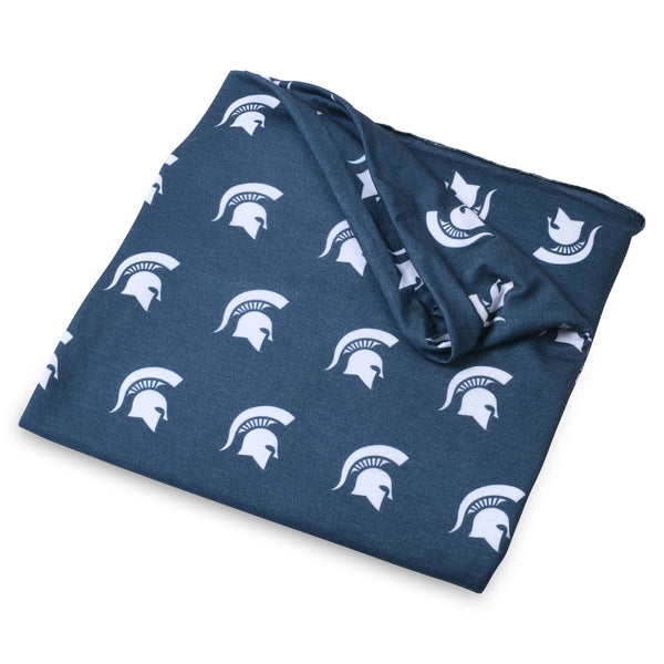 Michigan State University knit swaddle blanket with Spartan logo in soft stretchy fabric for newborns
