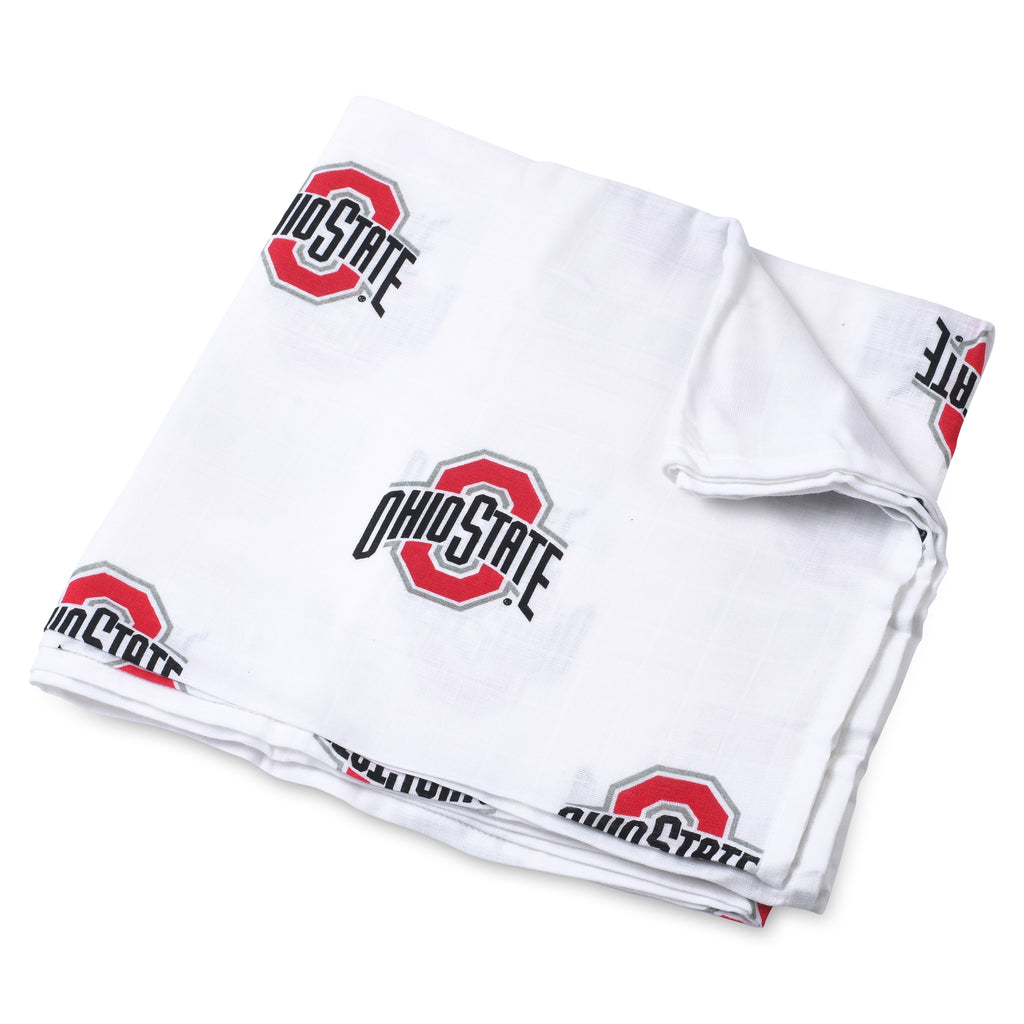 Ohio State University muslin swaddle blanket folded to show repeating Buckeyes logo pattern in scarlet and gray on white cotton fabric
