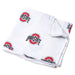 Ohio State University muslin swaddle blanket folded to show repeating Buckeyes logo pattern in scarlet and gray on white cotton fabric
