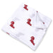 A white muslin swaddle blanket with the University of Mississippi 'Ole Miss' text in red scattered throughout the fabric.