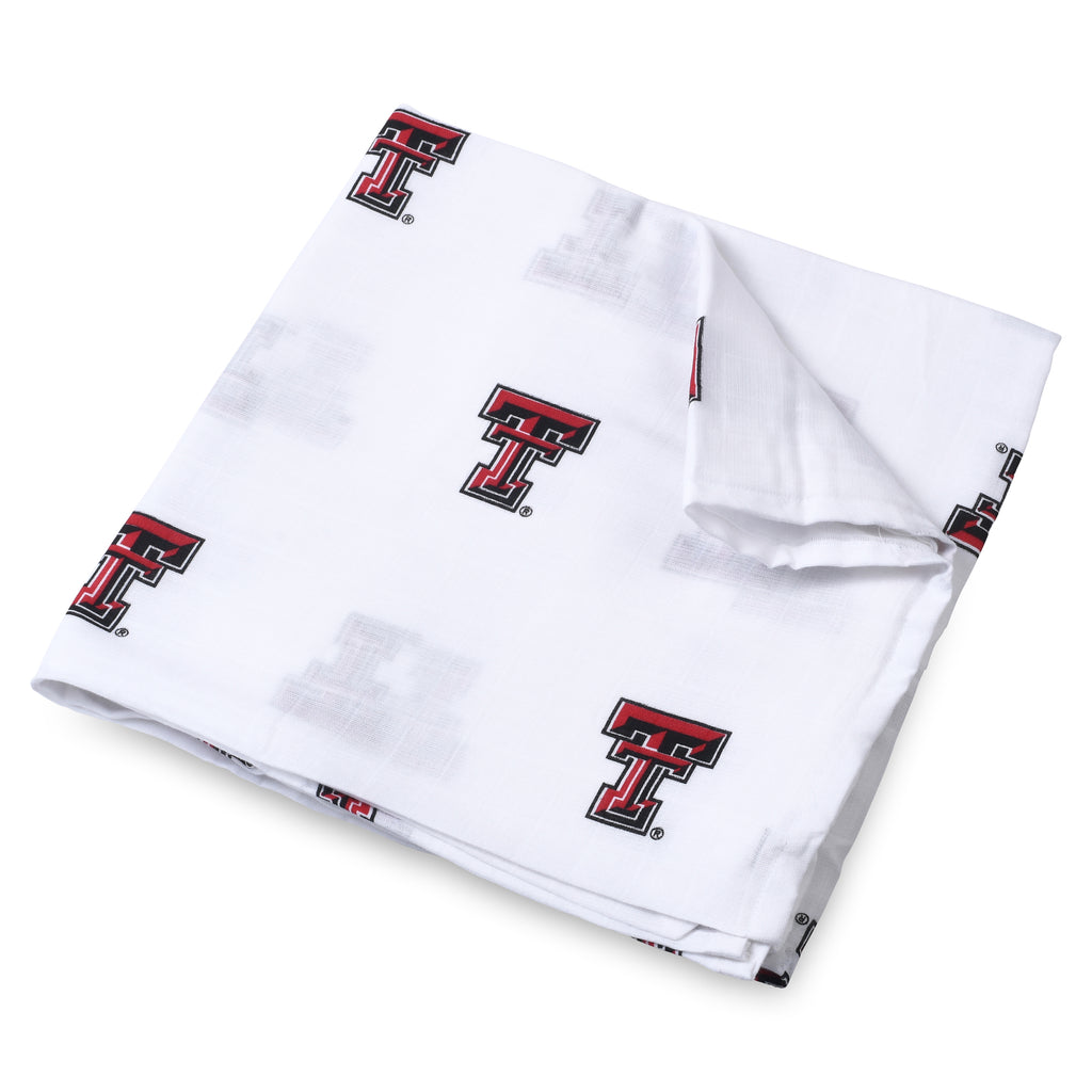 Texas Tech University muslin swaddle blanket with Red Raiders logo pattern, lightweight 47x47 cotton baby swaddle displayed to show design and fabric texture.