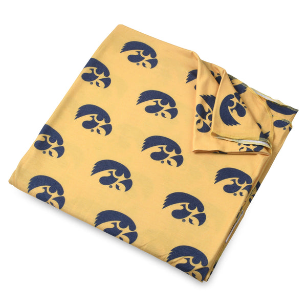 University of Iowa knit swaddle blanket with Hawkeyes logo pattern, soft stretchy newborn swaddle displayed to show fabric quality and design