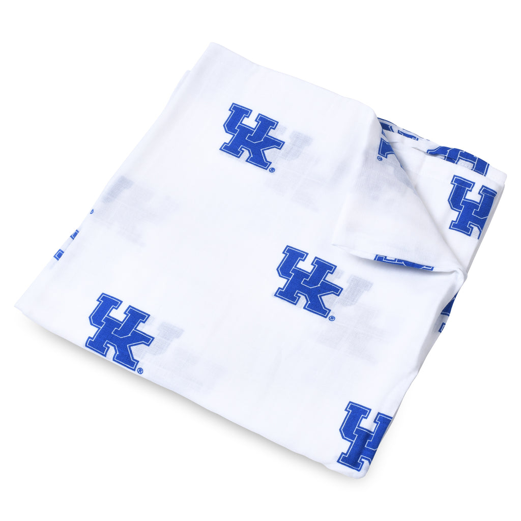 University of Kentucky muslin swaddle blanket featuring official Wildcats logo and blue and white design, soft breathable cotton perfect for newborns and toddlers.
