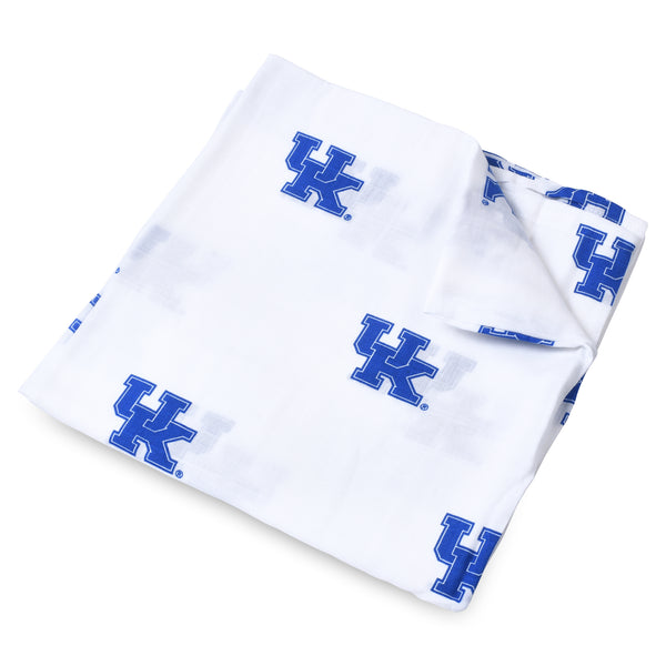 University of Kentucky muslin swaddle blanket featuring official Wildcats logo and blue and white design, soft breathable cotton perfect for newborns and toddlers.