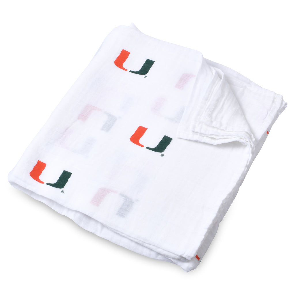 University of Miami muslin swaddle blanket featuring the Hurricanes logo, displayed folded to highlight its soft, breathable muslin fabric and modern collegiate design
